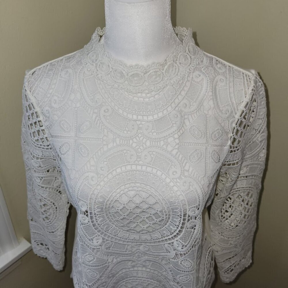 Anthropologie James Coviello Medallion Lace Front  Mock Neck Ivory Blouse SZ SP - Picture 8 of 12